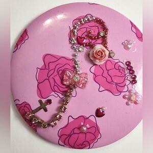 Girls' Makeup Mirror, Portable Pocket Mirror  Pink Rhinestones